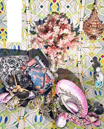 Still life of handbags, jewelry, flowers, and decorative objects against a colorful patterned wall, studio shot in soft lighting.