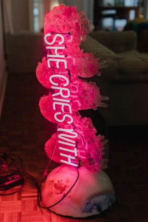 A pink jellyfish sculpture with neon text on a decorative stone base sits indoors with a blurry background creating a unique art piece.