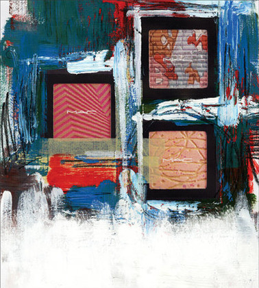 Abstract art featuring three MAC makeup compacts set against a textured backdrop with white, blue, and red paint strokes. Beauty concept.