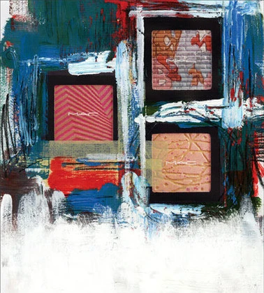 Abstract art featuring three MAC makeup compacts set against a textured backdrop with white, blue, and red paint strokes. Beauty concept.