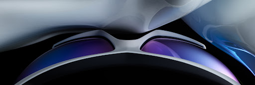Silver sports sunglasses frame with mirrored blue and purple lenses, set against an abstract wavy white and black background.