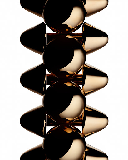 Abstract geometric arrangement with gold-colored metal spheres, triangles, and square connectors on a solid white backdrop.