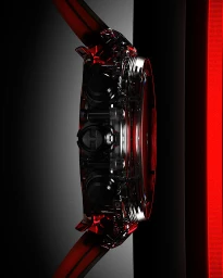 Close-up profile view of a luxury chronograph wristwatch with a transparent red case and black crown, set against a dark background.