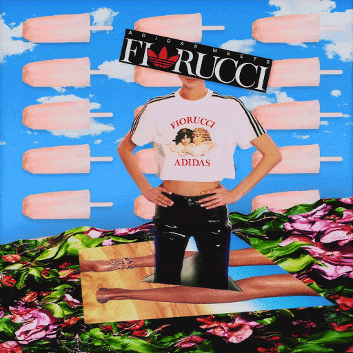 Woman in Adidas x Fiorucci crop top, standing in front of a collage background with ice pops and flowers, posing with hands on hips.