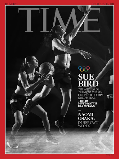 Black and white Time magazine cover featuring Sue Bird, basketball player, in athletic poses against a dark background. Olympic theme.