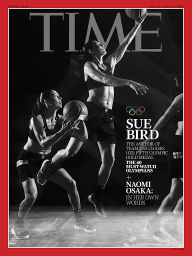 Black and white Time magazine cover featuring Sue Bird, basketball player, in athletic poses against a dark background. Olympic theme.