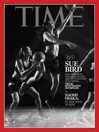 Black and white Time magazine cover featuring Sue Bird, basketball player, in athletic poses against a dark background. Olympic theme.