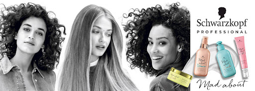 Three women with various hair styles are in a hair product advertisement, featuring hair care products in peach, mint, and pink bottles.