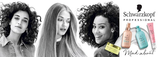 Three women with various hair styles are in a hair product advertisement, featuring hair care products in peach, mint, and pink bottles.