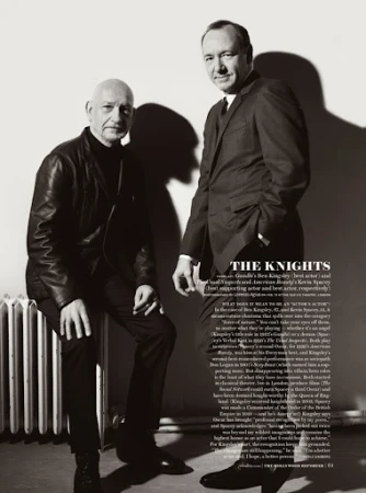 Black and white portrait of actors Ben Kingsley and Kevin Spacey in suits posing together in front of a white background with script.