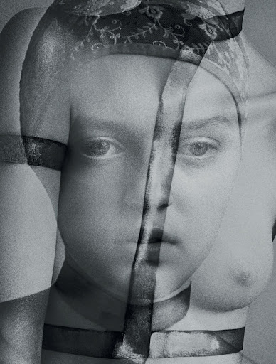 Monochrome portrait of a child with a floral headscarf in a layered exposure effect, creating a soft, textured, artistic expression.