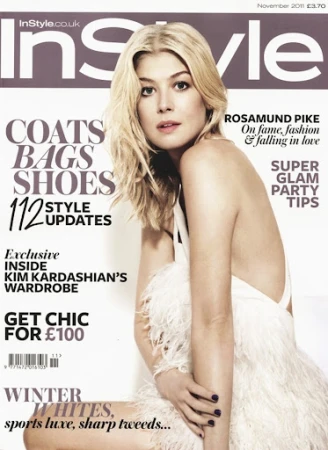 Rosamund Pike featured on InStyle magazine cover wearing a white feather dress with makeup by Alex Byrne
