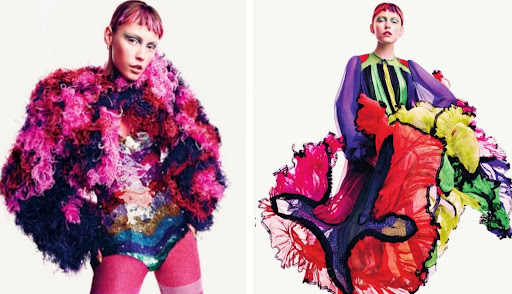 Two images of a model with pink hair wearing colorful and textured fashion clothing against a neutral background in a studio setting.