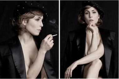 Diptych portrait of Noomi Rapace wearing a studded black beret and open black blazer holding a lit cigarette