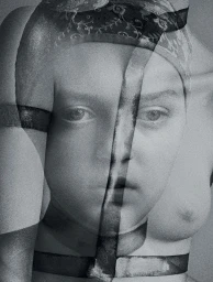 Monochrome multiple exposure portrait of a woman with overlapping limbs and torso forms creating a complex layered composition