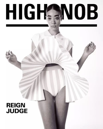 Fashion editorial featuring a model in a striped outfit against a white backdrop, with the text 'HIGHNOB' and 'REIGN JUDGE' visible.