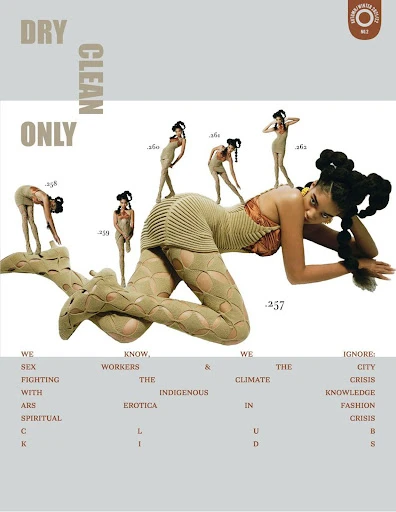 A woman in a tan knit dress and shoes poses with superimposed images of herself in various yoga-like stances against a white background.