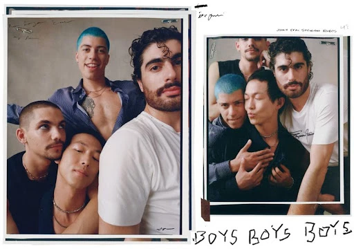 A group of young adult men pose in two polaroid-style photographs, embracing, smiling, and looking at the camera, against a neutral background.