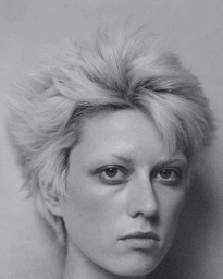 Monochrome portrait of a woman with short spiky blonde hair and natural make-up looking directly at the camera.