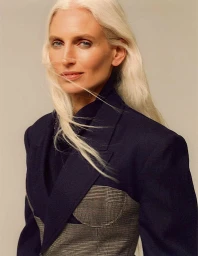 Portrait of mature woman with long white hair wearing a dark blue blazer with plaid bustier detail