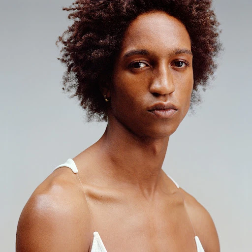 Close-up portrait of an androgynous African-descent person with dark curly hair and a neutral expression wearing a white top in a studio.