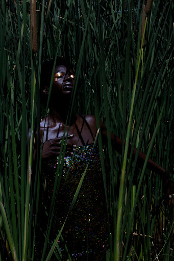Woman in a sequin dress stands among tall green reeds; gold eye makeup is visible. Dark, moody lighting enhances the natural environment.