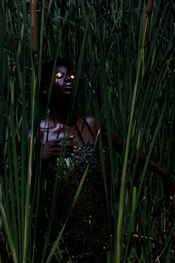 Woman in a sequin dress stands among tall green reeds; gold eye makeup is visible. Dark, moody lighting enhances the natural environment.