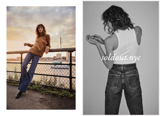 A woman in brown sweater and jeans poses by a river with a city skyline in the background. The second image shows a back view.