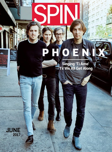 Spin magazine cover featuring the band Phoenix posing on a city street, promoting their album 'Ti Amo'.