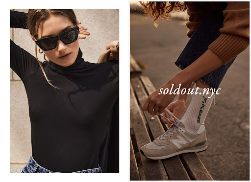 Two panel fashion image featuring a woman wearing black sunglasses and a black turtleneck, and a person tying sneakers on a wooden bench.