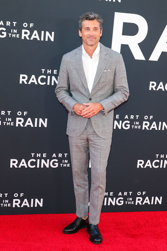 Patrick Dempsey on the red carpet for 'The Art of Racing in the Rain' premiere, wearing a gray suit, white shirt, and black shoes.