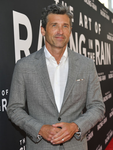 Patrick Dempsey at 'The Art of Racing in the Rain' premiere, wearing a grey suit and white shirt, standing in front of movie poster.