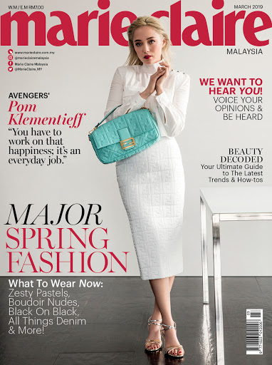Marie Claire Malaysia cover featuring Pom Klementieff in white outfit with blue purse, March 2019.