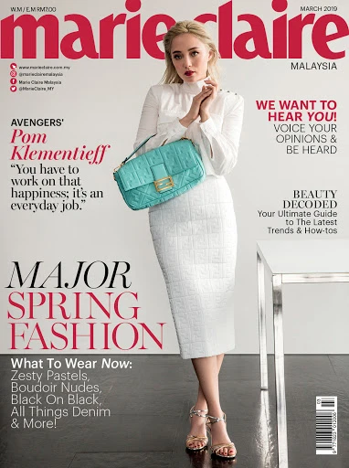 Marie Claire Malaysia cover featuring Pom Klementieff in white outfit with blue purse, March 2019.