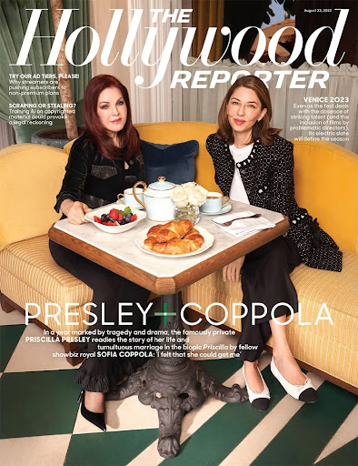 The Hollywood Reporter magazine cover featuring Priscilla Presley and Sofia Coppola seated with food on a yellow sofa indoors.