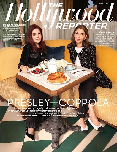 The Hollywood Reporter magazine cover featuring Priscilla Presley and Sofia Coppola seated with food on a yellow sofa indoors.