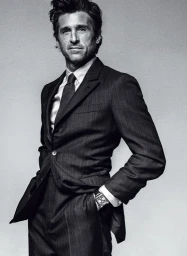 Portrait of Patrick Dempsey in a dark pinstripe suit and tie against a plain light background