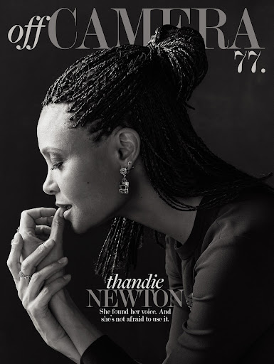 Monochromatic magazine cover featuring Thandie Newton in profile; close-up shot shows her braided hair, jewelry, and hand near her face.
