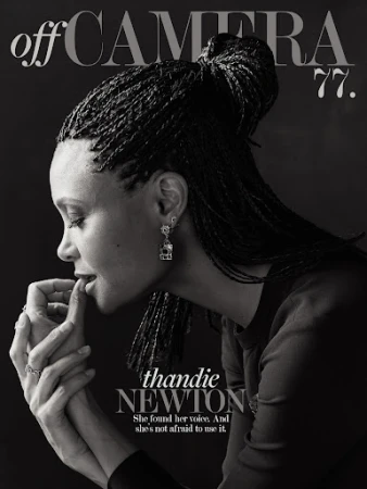 Monochromatic magazine cover featuring Thandie Newton in profile; close-up shot shows her braided hair, jewelry, and hand near her face.