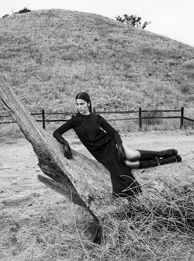 Woman in black dress and boots poses on fallen tree trunk, set against a grassy hill and cloudy sky in a rural environment.