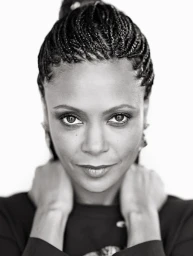 Close-up monochrome portrait of a black woman with braided hair and hands resting on her neck