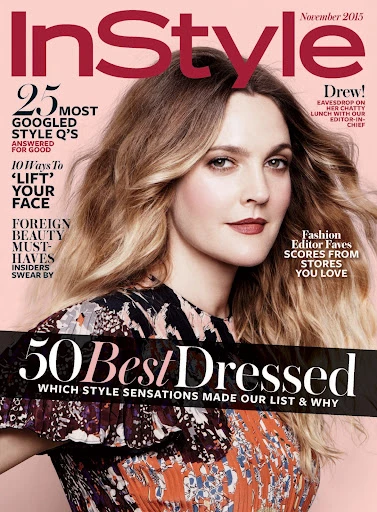 InStyle magazine cover featuring Drew Barrymore with wavy blonde hair and a floral dress, November 2015 issue.