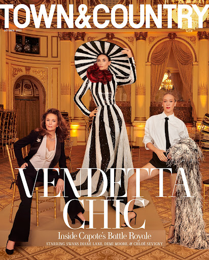 Town & Country magazine cover with three women in stylish dresses. One woman in a black suit, another in black and white stripes, and one in white.