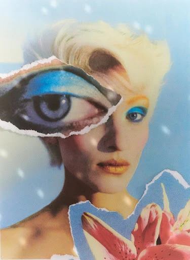 Blonde woman with makeup and flower in a collage-style portrait with an eye fragment, against a blue and white background.