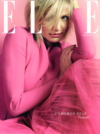 Elle magazine cover featuring Cameron Diaz in a pink outfit, December 2014 issue. Diaz poses in front of a pink backdrop.
