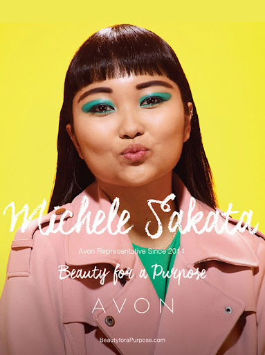Portrait of a woman with teal eyeshadow wearing a pink trench coat against a bright yellow background, promoting a beauty brand.