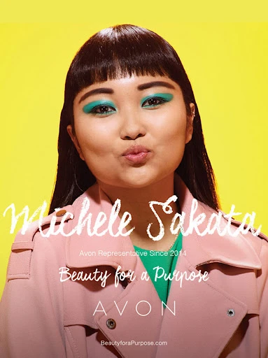 Portrait of a woman with teal eyeshadow wearing a pink trench coat against a bright yellow background, promoting a beauty brand.