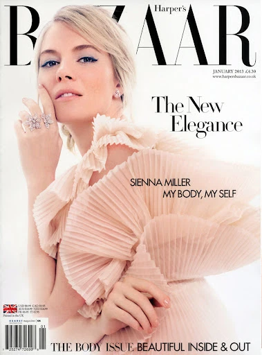 Harper's Bazaar magazine cover featuring Sienna Miller in a peach dress, showcasing jewelry and elegant design elements.