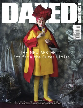 Dazed & Confused magazine cover featuring Iris Apfel in a yellow and red outfit holding a beverage, against a blurred background.
