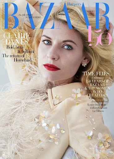 Magazine cover featuring Claire Danes, Harper's Bazaar, with a cream-colored, embellished dress and feathered collar against a light backdrop.